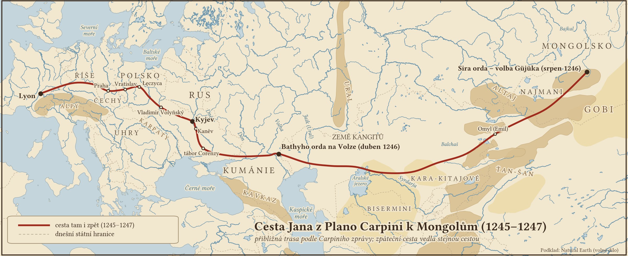 Mapa cesty Jana z Plano Carpini z Lyonu přes Čechy, Polsko a Kyjev k Bathymu na Volhu a napříč Asií do Sira ordy u Karakorumu (1245–1247)