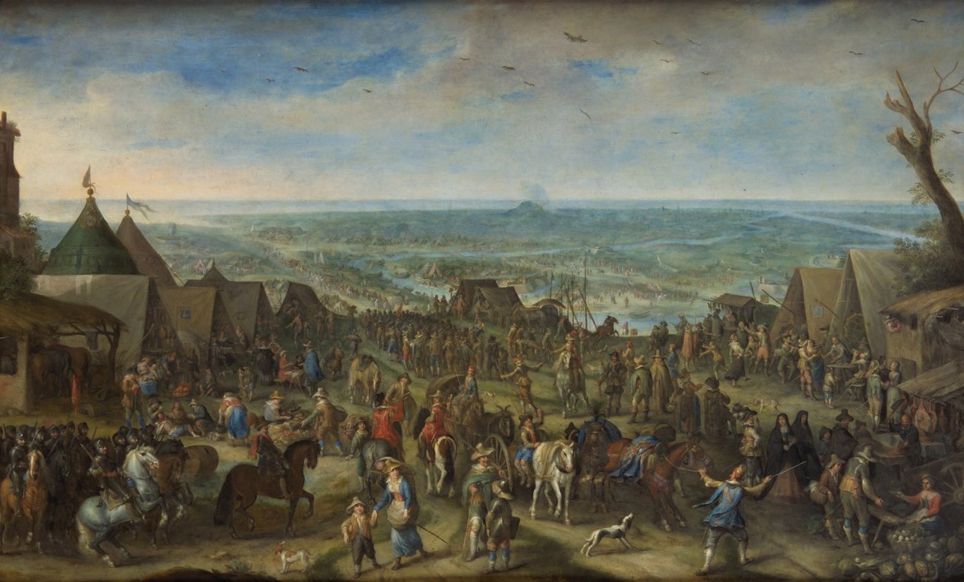 Peter Snayers (připsáno), Polní ležení, olejomalba, Kunsthistorisches Museum, Vídeň (GG 1075). Ruch vojenského tábora s markytány, ženami a dětmi, jaký Carve zažíval v zimních leženích. Volné dílo (Wikimedia Commons).