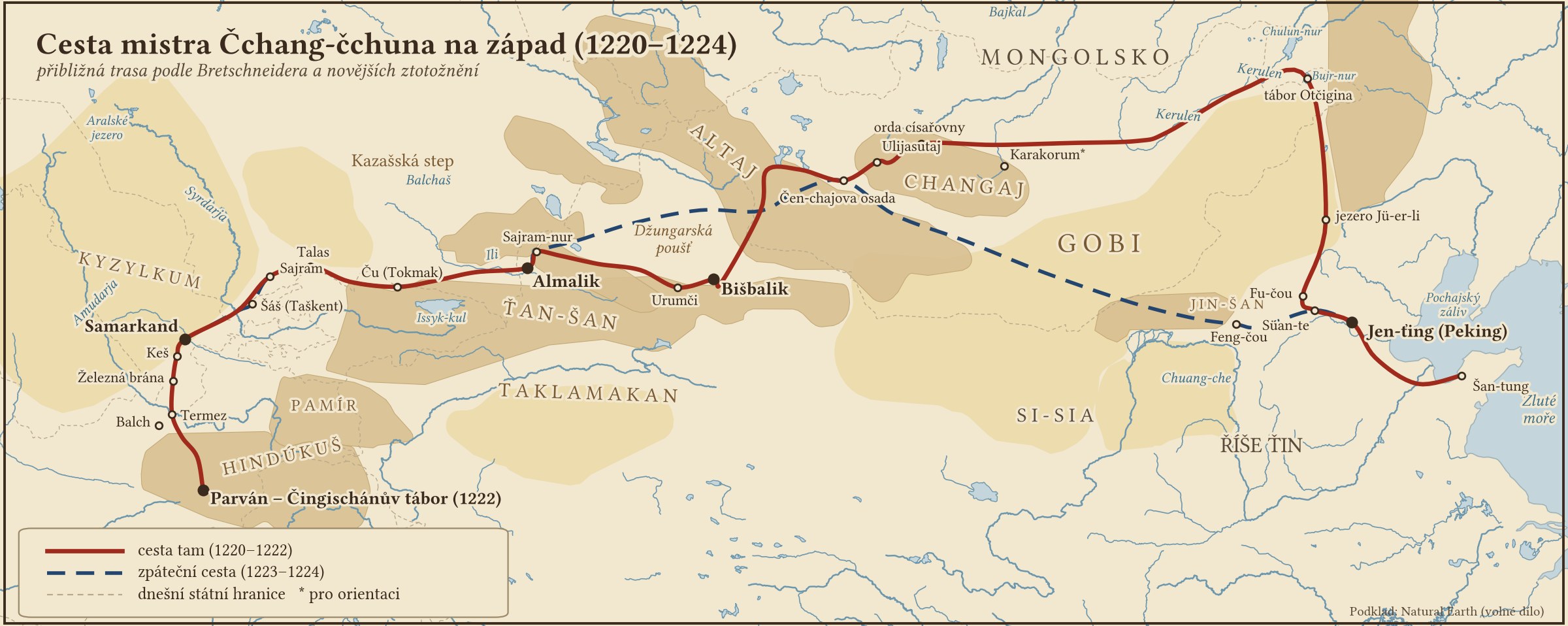 Mapa cesty mistra Čchang-čchuna z Číny přes Mongolsko, Altaj a Ťan-šan do Samarkandu a k Hindúkuši a zpět (1220–1224)