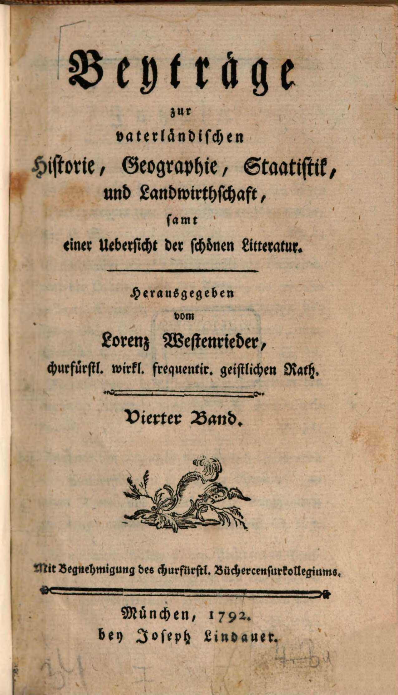 Titulní list čtvrtého svazku Westenriederových Beyträge (Mnichov 1792), v němž deník poprvé vyšel tiskem