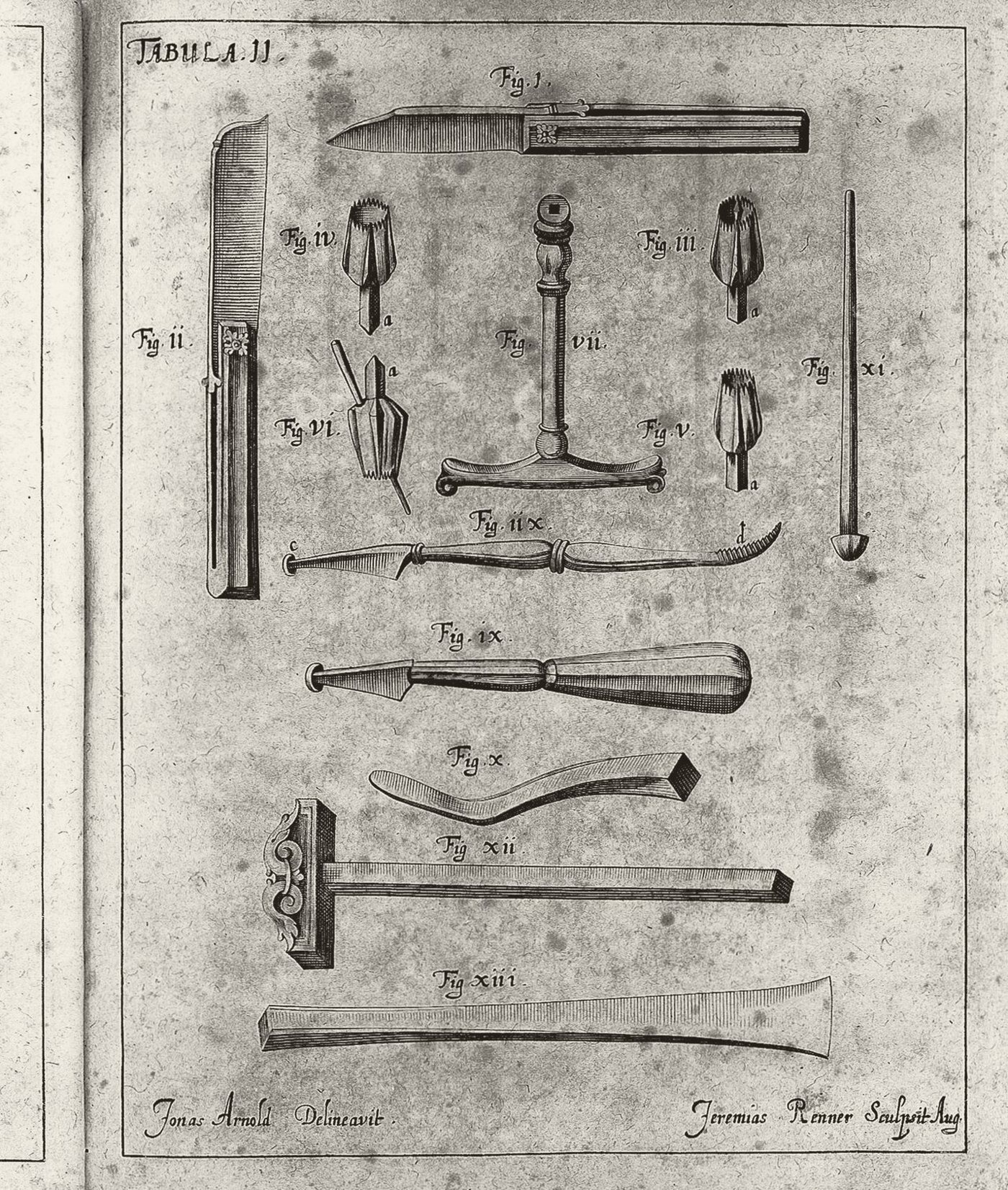 Johannes Scultetus, Armamentarium chirurgicum (1657), tabule II: nástroje. Wellcome Collection, CC BY 4.0; tónováno.