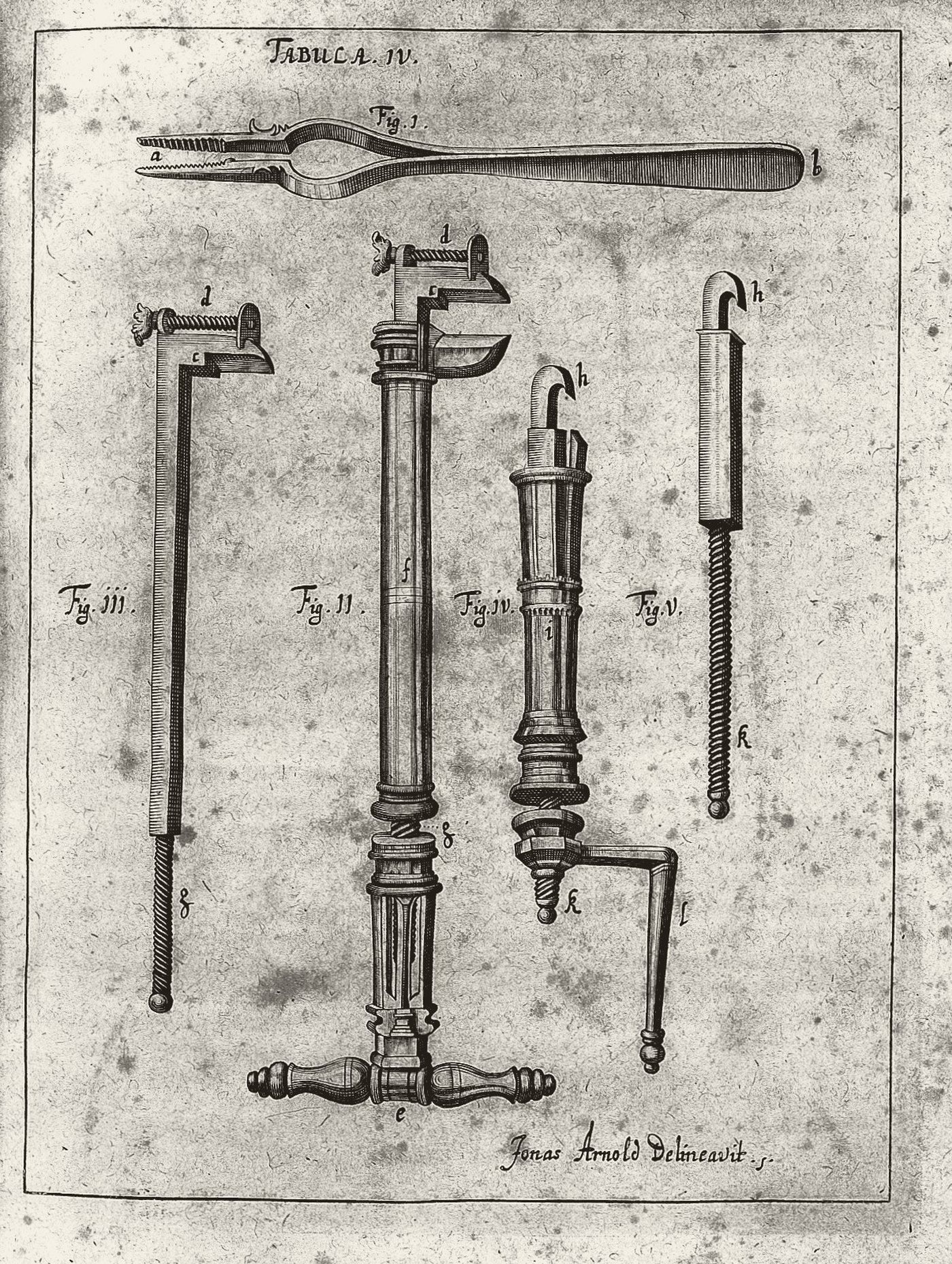 Johannes Scultetus, Armamentarium chirurgicum (1657), tabule IV: nástroje. Wellcome Collection, CC BY 4.0; tónováno.