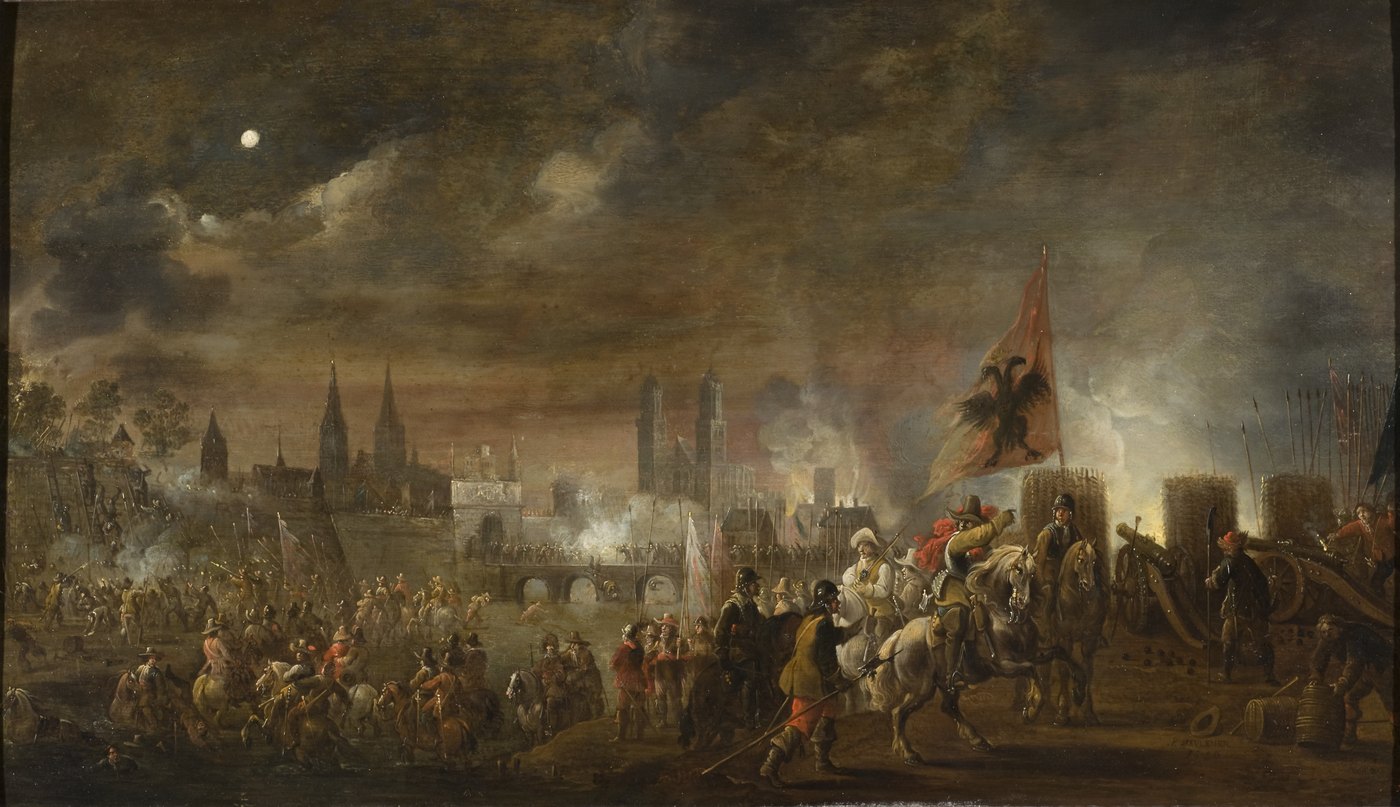 Peeter Meulener, Obléhání Magdeburku, olejomalba, 1650. Nationalmuseum, Stockholm, inv. č. 17230. Obraz vznikl devatenáct let po události a je spíš podobenstvím války než záznamem: panoráma za hradbami je obecné a zteč podle Guerickova líčení začala za časného rána, nikoli v noci. Volné dílo (digitalizace přes Wikimedia Commons).
