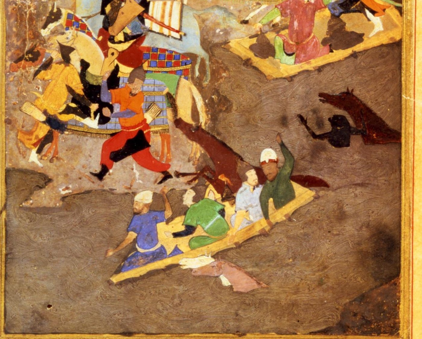 Timurovo vojsko se přepravuje přes Amudarju. Výřez z pravé poloviny dvojstranné bitevní scény; muži na prknech se brodí pod palbou. Zafarnáme, asi 1467, Herát.