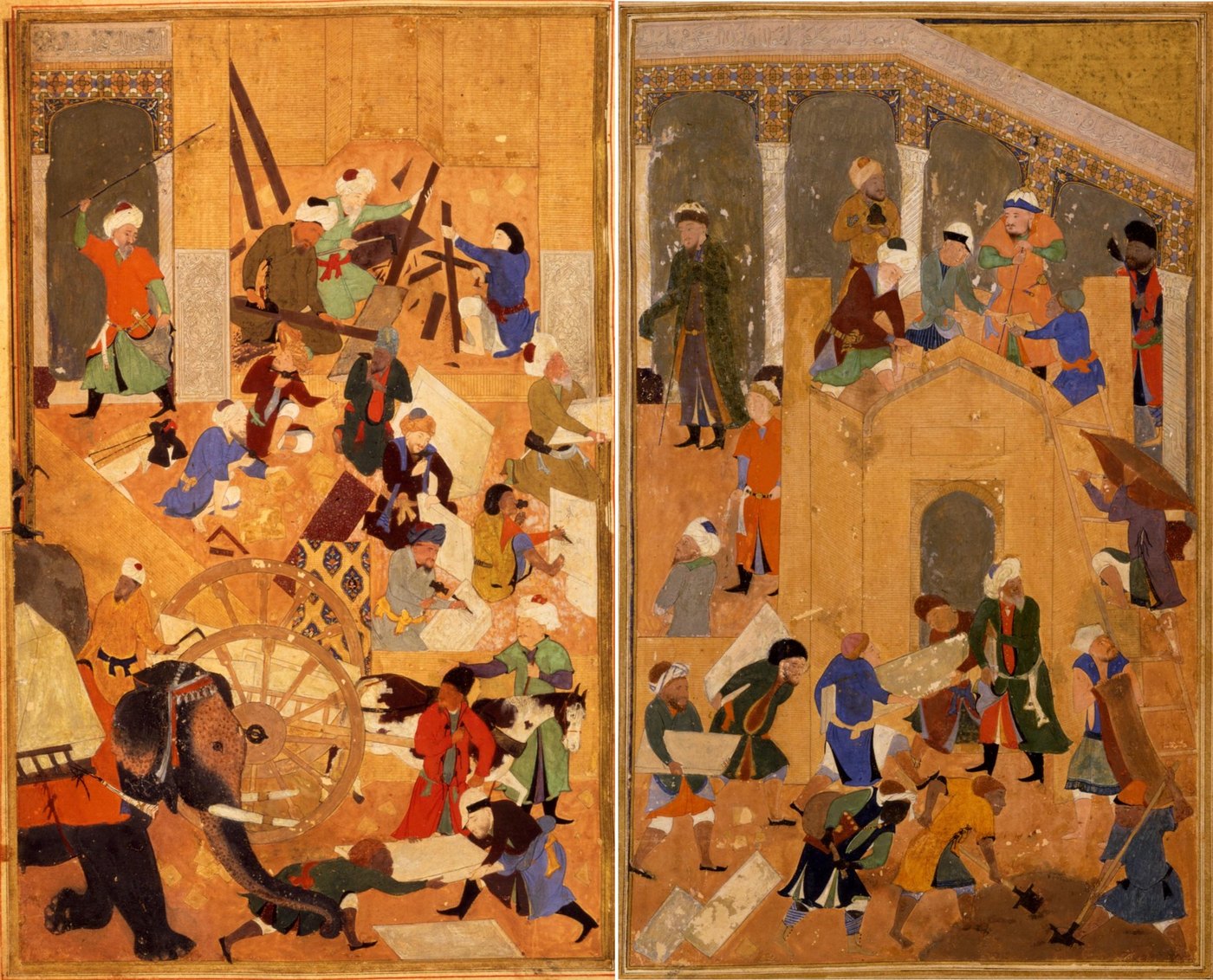 Stavba Veliké mešity v Samarkandu. Dvojstranná miniatura ze Zafarnáme, rukopisu vzniklého kolem roku 1467 v Herátu, dnes v knihovně Univerzity Johnse Hopkinse v Baltimoru. Vznikla šedesát let po Clavijově návštěvě a k oslavě Timurových činů, ne jako ilustrace k tomuto deníku.
