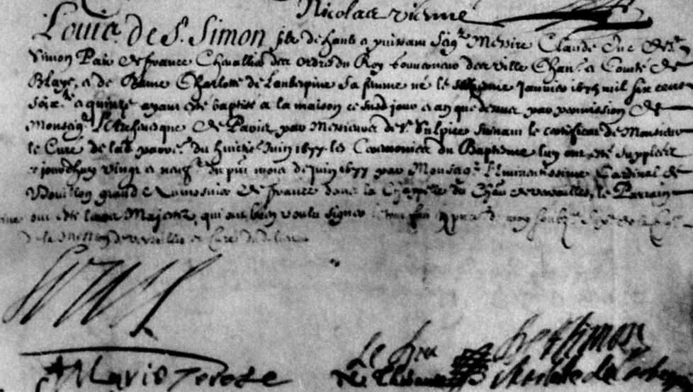 Zápis o křtu Louise de Saint-Simon s podpisy Ludvíka XIV. a královny, 1677