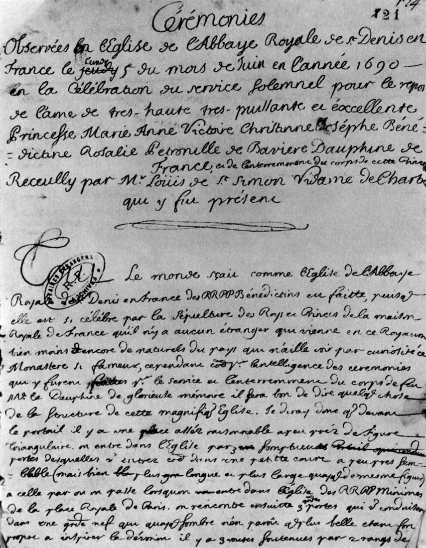 První strana Saint-Simonova rukopisu o pohřebních obřadech dauphinky, 1690