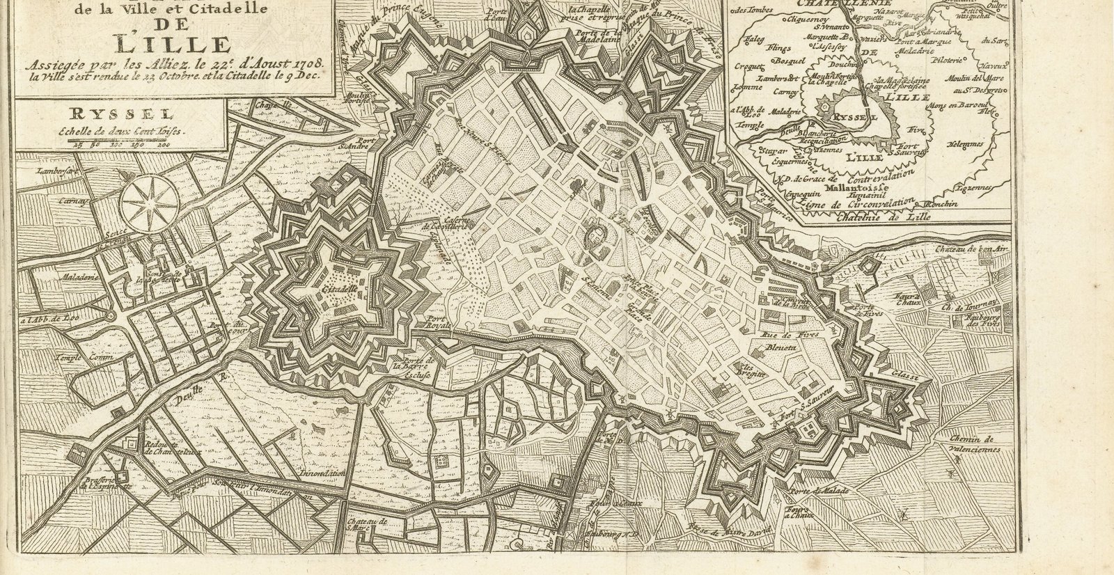 Plán Lille a jeho citadely, obležených spojenci roku 1708. Dobový lept, 1714–1716, výřez. Rijksmuseum, Amsterdam.