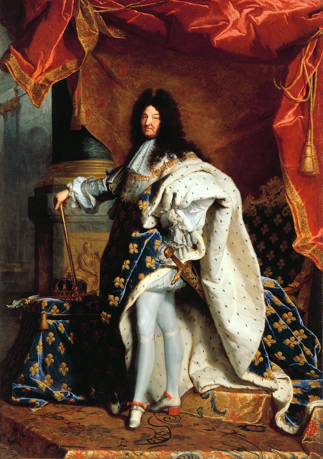 Ludvík XIV. v korunovačním hávu. Hyacinthe Rigaud, 1701, Musée du Louvre.