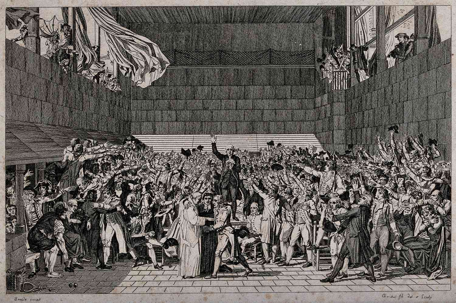 Přísaha v míčovně 20. června 1789, lept podle kresby Jacquese-Louise Davida