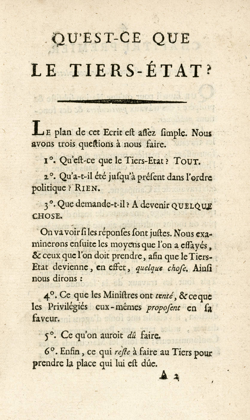 První strana spisu Qu’est-ce que le Tiers-État ? v jednom z vydání roku 1789