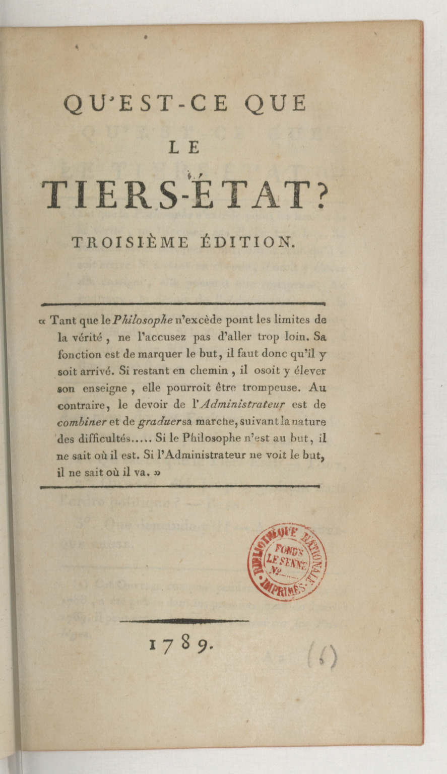 Titulní list třetího vydání spisu Qu’est-ce que le Tiers-État ?